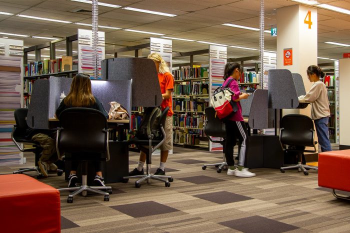  Students using height-adjustable sit-stand desks shown at different heights - some standing and some seated. Book shelving in the background.