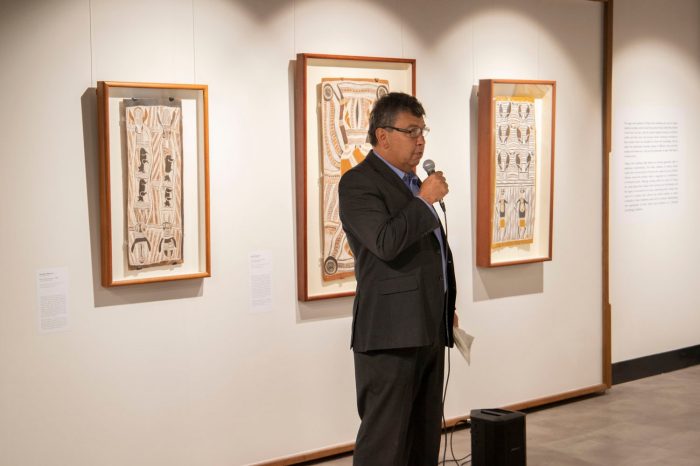 Sea Country - Uncle Lloyd Walker speaking at the exhibition opening