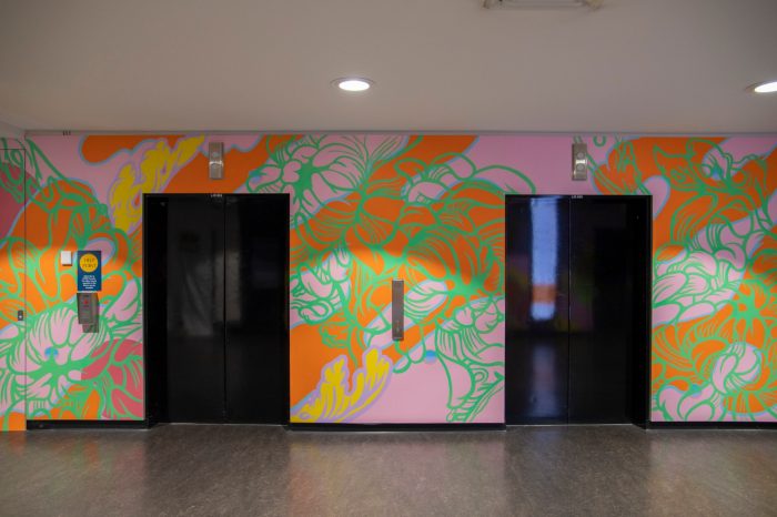 A multicoloured abstract mural surrounding elevator lifts