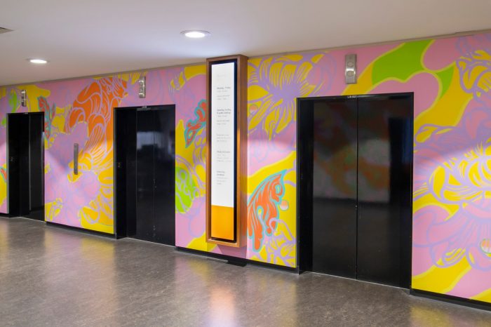 A multicoloured abstract mural surrounding elevator lifts