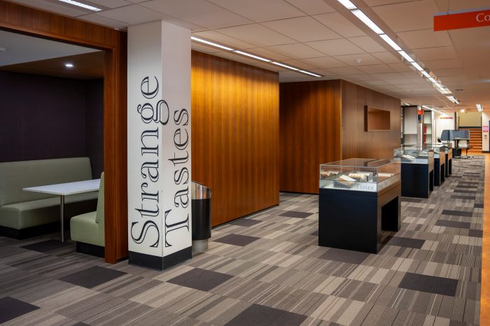 Photo of a library space with display cabinets and a column with "Strange Tastes" written in large words