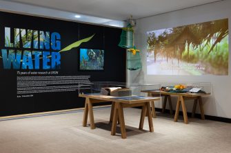 A gallery space with two display cases filled with items. In the baackground to the left is a black wall with the text "Living Water" written in a sea-blue colour. To the left is a projection of a video on a white wall, the video shows a scene of a green village. 