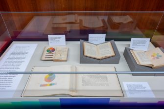 A glass display case containing a collection of antique books. The books are open to pages with diagrams and text about colour theory.